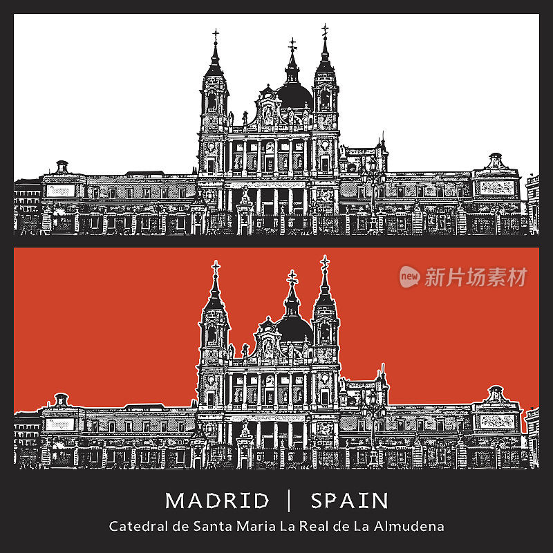 马德里,西班牙。著名的西班牙教堂。La Almudena的皇家圣玛丽大教堂。